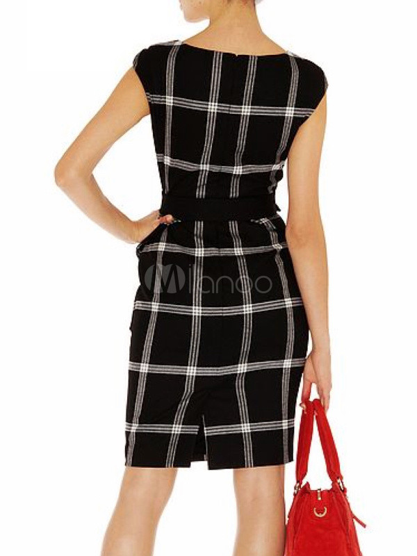 Black Jewel Neck Sleeveless Plaid Ruffles Dress For Women - Milanoo.com