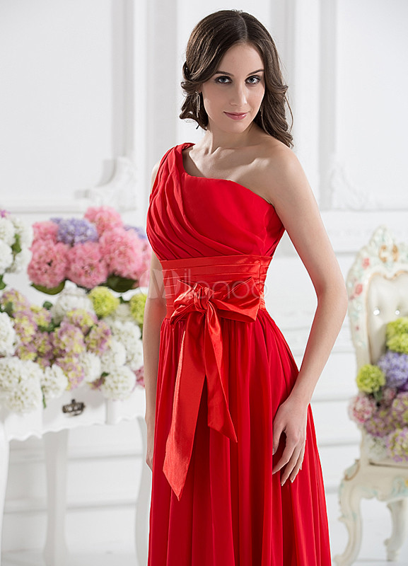 A-line Red Chiffon Bow One-Shoulder Wedding Bridesmaid Dress - Milanoo.com