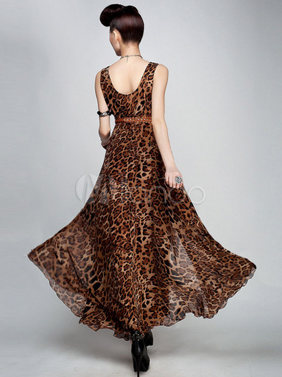 Multi Color Scoop Neck Sleeveless Leopard Print Chiffon Maxi Dress for ...