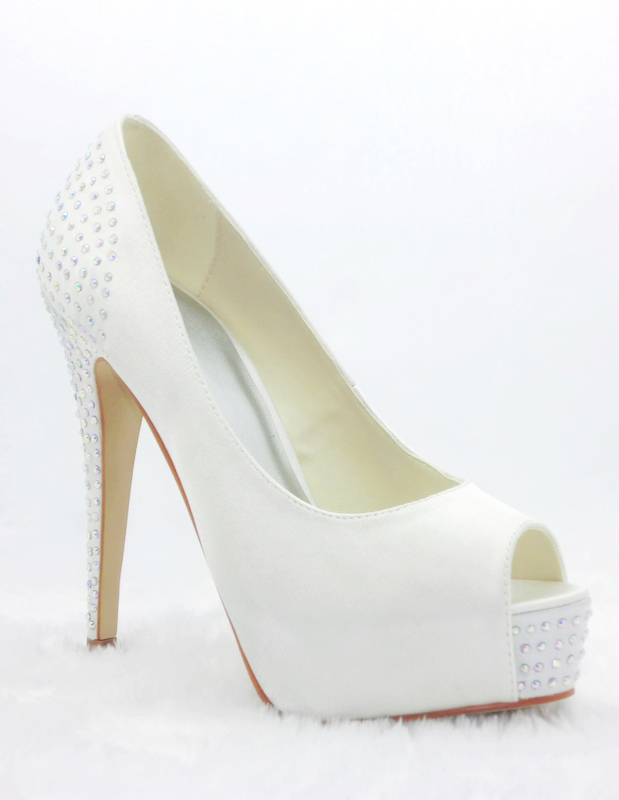 Modern White Satin Rhinestone Bridal Peep Toe Pumps - Milanoo.com
