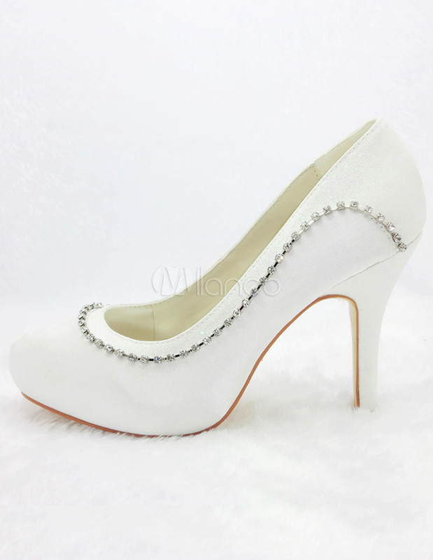 zapatos blancos de novia de satén con diamante de imitación de tacón