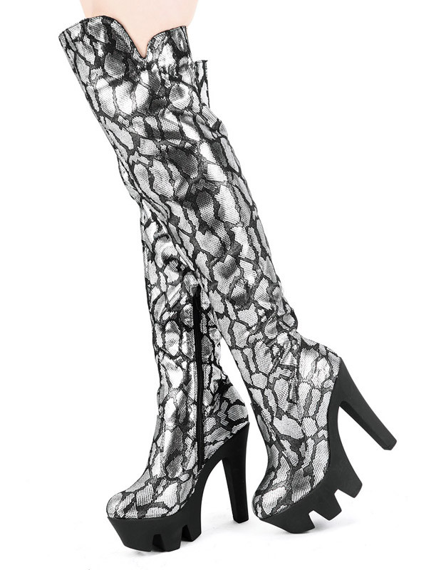 Black Chunky Heel Snake Skin Printing PU Leather Over the Knee Boots ...