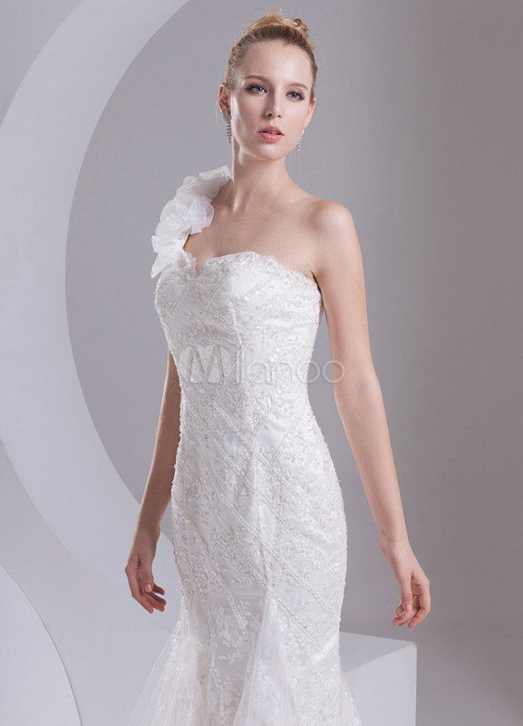Ivory Mermaid Sweetheart Neck One-Shoulder Applique Bridal Wedding Gown ...