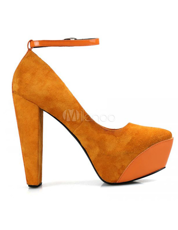 Modern Orange Suede Leather Chunky Heel Ankle Strap Pumps