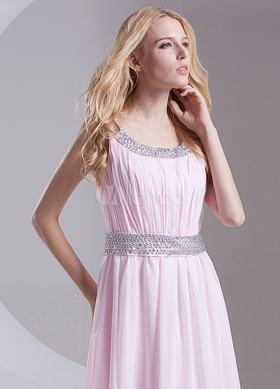 Charming Pink Chiffon Beading Jewel Neck Women's Evening Dress
