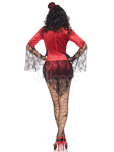 Sexy Red Lace Decorated Velvet Halloween Witch Costume