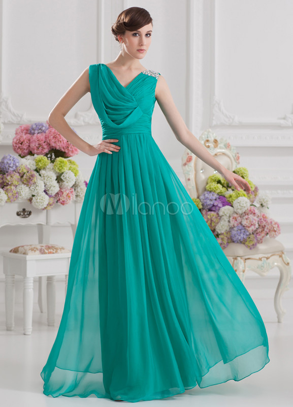 Elegant Hunter Green Chiffon Ruched V-Neck Sexy Evening Dress - Milanoo.com