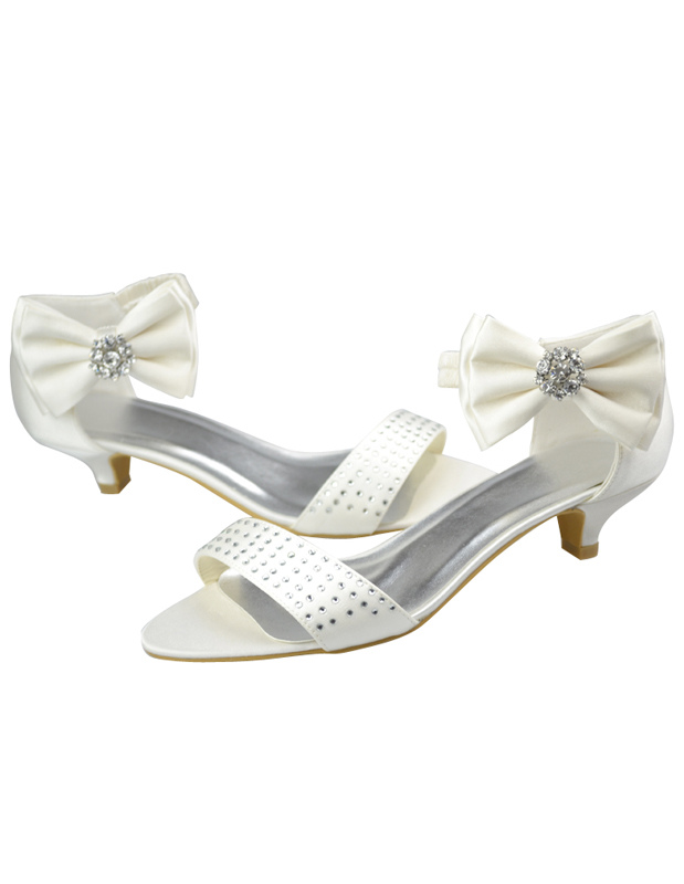 Ivory Satin Bow Rhinestone Low Heel Bridal Sandals - Milanoo.com