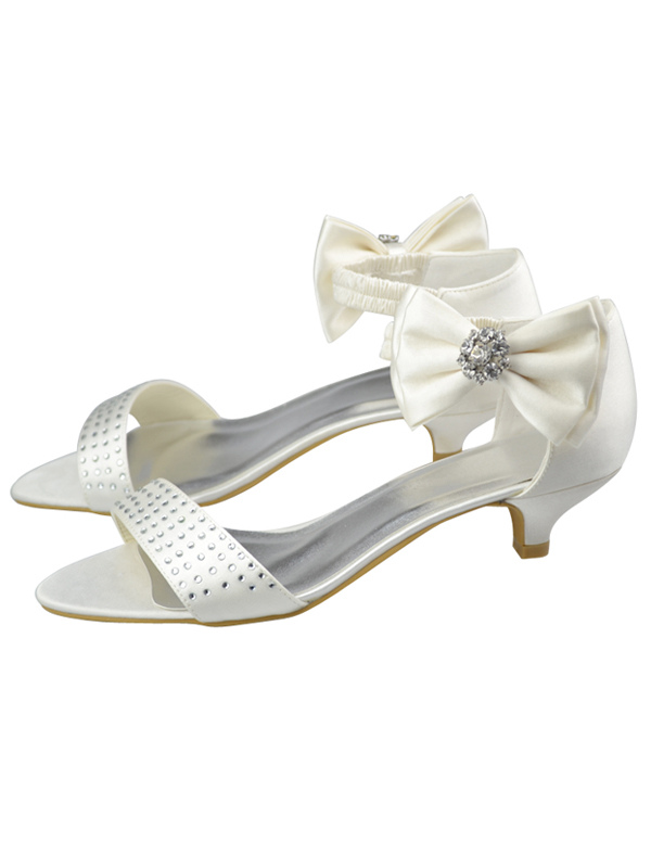 Ivory Satin Bow Rhinestone Low Heel Bridal Sandals - Milanoo.com