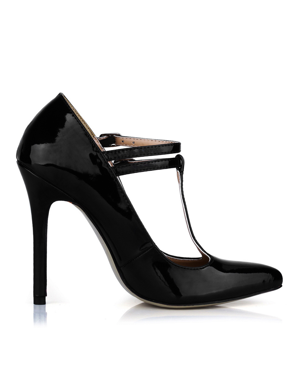 Black Pointed Toe T-strap Patent Leather High Heels for Woman - Milanoo.com