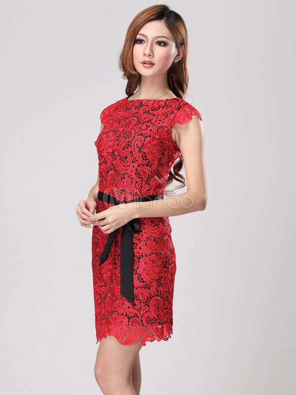 Grace Red Shaping Lace Bateau Neck Short Dress - Milanoo.com