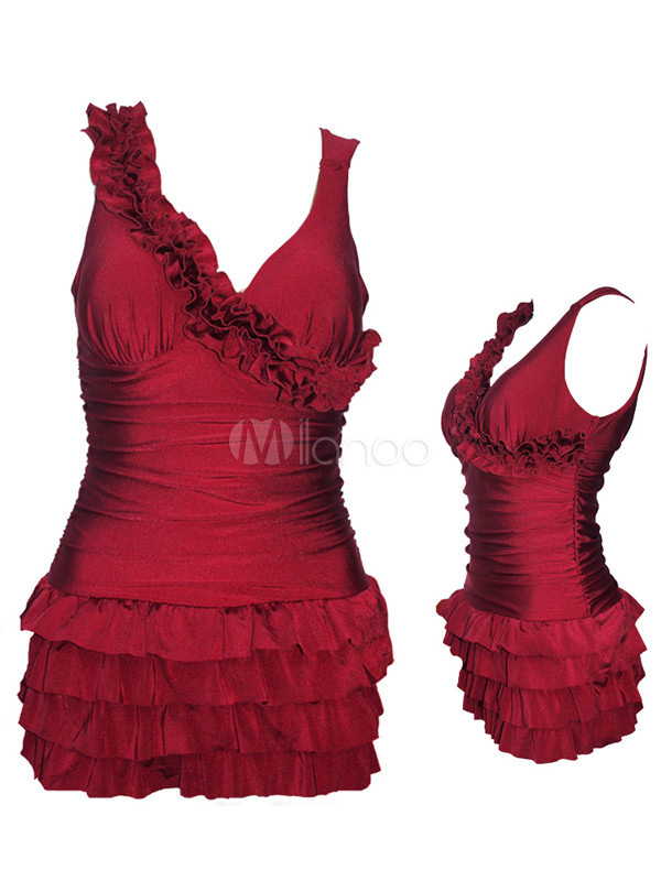 Burgundy Artwork Polyester Cascading Ruffle One Piece Swimsuit For Lady ...