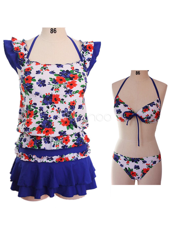 Charming Floral Print Polyester Draped Skirted Swimsuit For Women ...