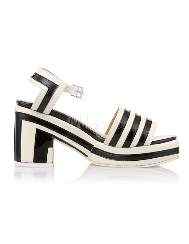 Unique Black Stripe Pattern PU Leather Chunky Heel Women's Dress Sandals