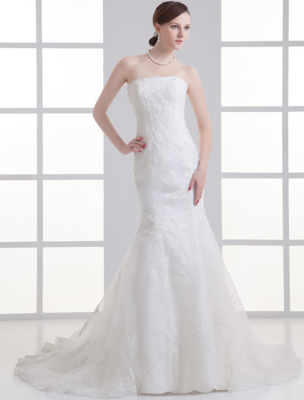 Ivory Mermaid Strapless Beading Tulle Bridal Wedding Gown