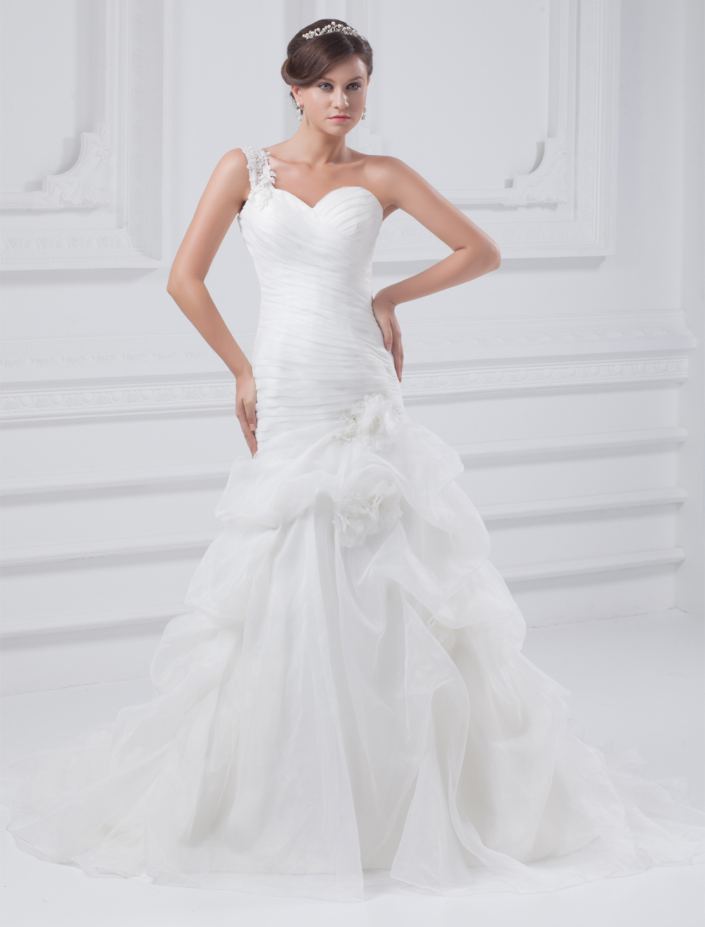 Grace White One-Shoulder Pleated Organza Wedding Dress For Bride ...