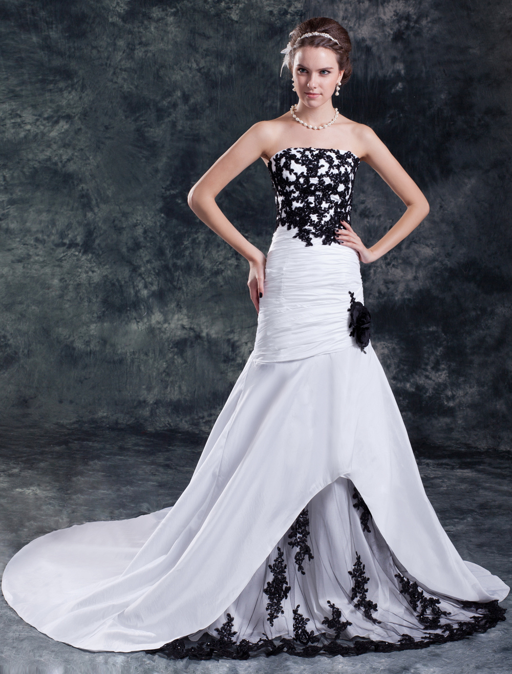 Chic White Strapless Floral Taffeta Bridal Wedding Dress - Milanoo.com