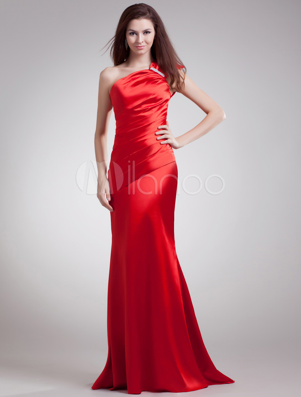 Red Sheath Rhinestone One-Shoulder Evening Dress with Grace Court Train ...