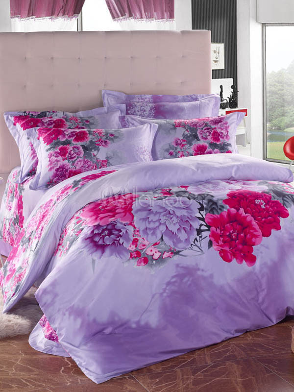 4 Piece Purple Floral Print Cotton Bedding Sets