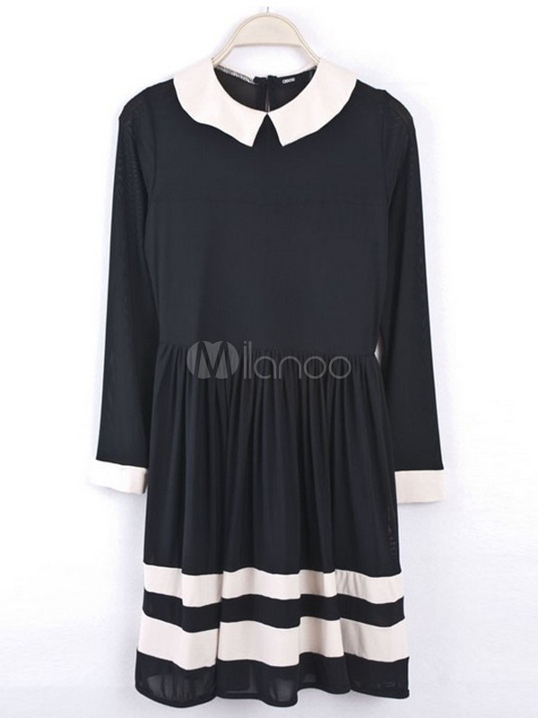 Lovely Black Cotton Blend Semi-sheer Long Sleeves Skater Dress ...
