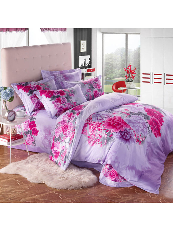 4 Piece Purple Floral Print Cotton Bedding Sets