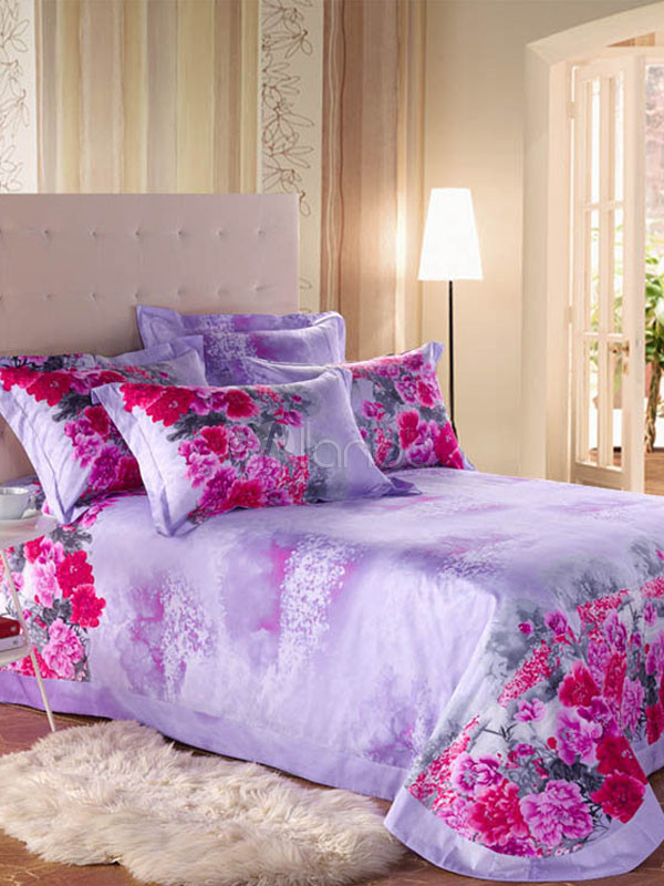 4 Piece Purple Floral Print Cotton Bedding Sets