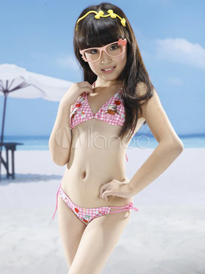 Dulce Rosa encaje cuadros Bikini poliester niñas - Milanoo.com