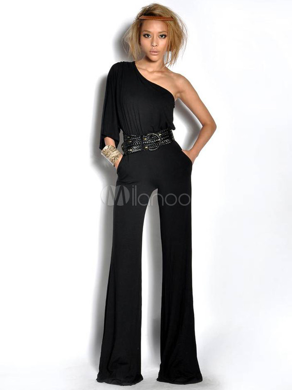 Sexy Black One Shoulder Cotton Womens Jumpsuits