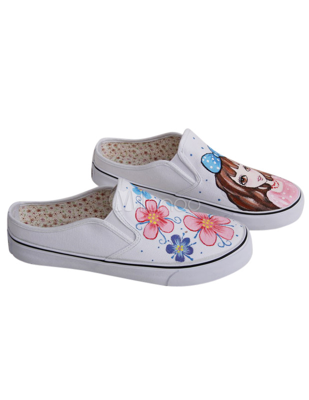 Beautiful Girl Pattern Casual White Canvas Painted Shoes For Women