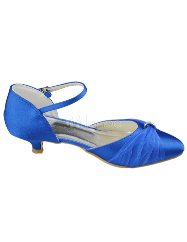 Cute Pointed Toe Blue Satin Kitten Heel Bridal Shoes