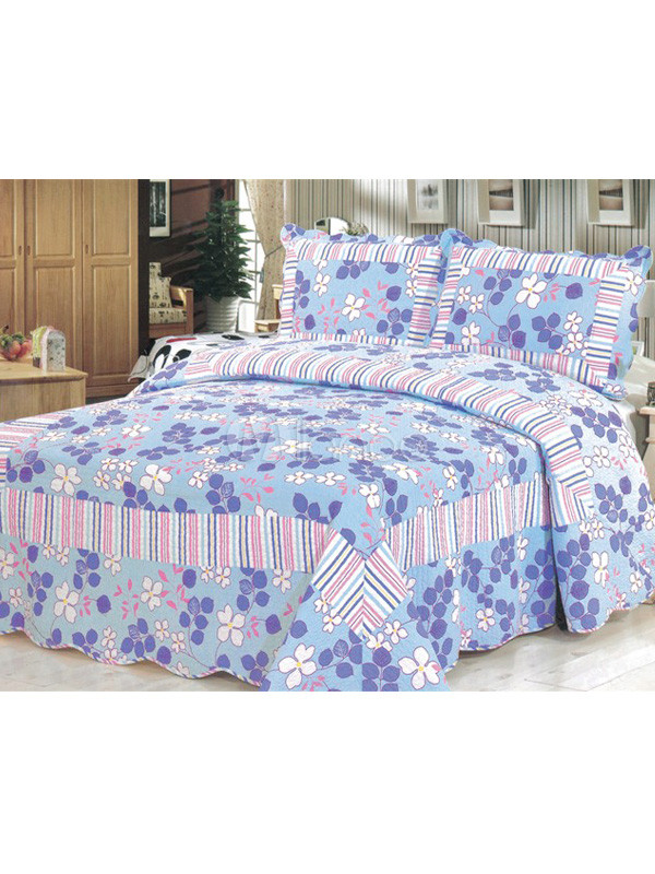Cute Blue Floral Print Cotton 3Piece Quilt