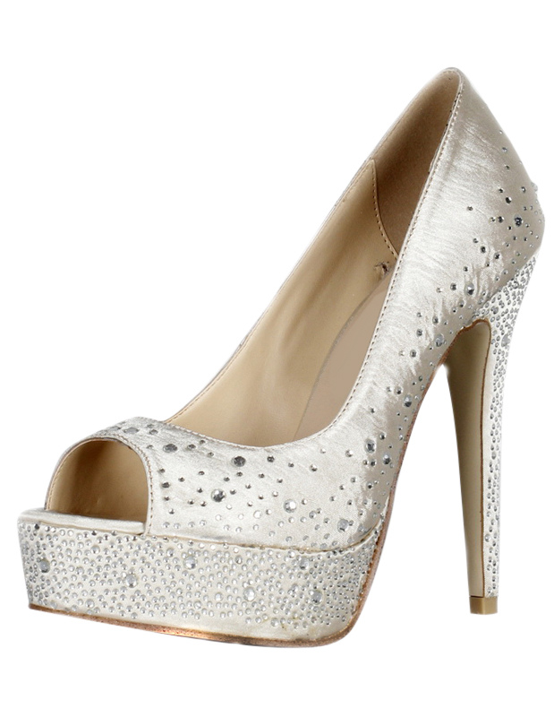 Ecru White Satin Glitter Studded Peep Toe Shoes - Milanoo.com