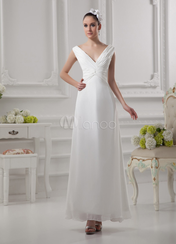 Abito da sposa avorio chiffon collo a V a-linea alla caviglia - Milanoo.com