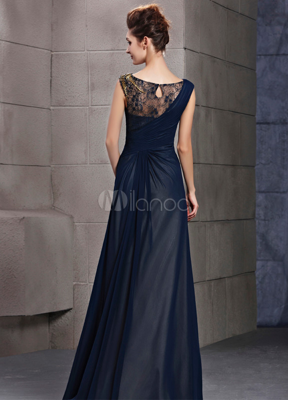 Elegant Dark Navy Strapless Pleated Polyester Evening Dress - Milanoo.com