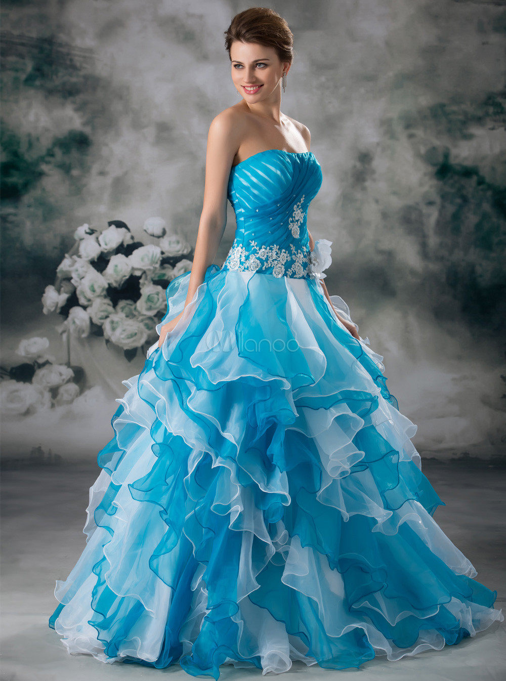 Classic Blue Flower Organza Strapless Ball Gown - Milanoo.com