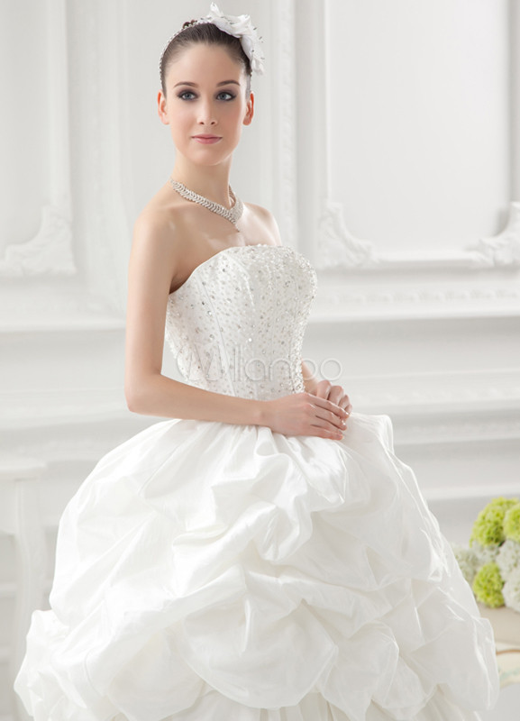 White Ball Gown Strapless Beading Taffeta Wedding Dress For Bride ...