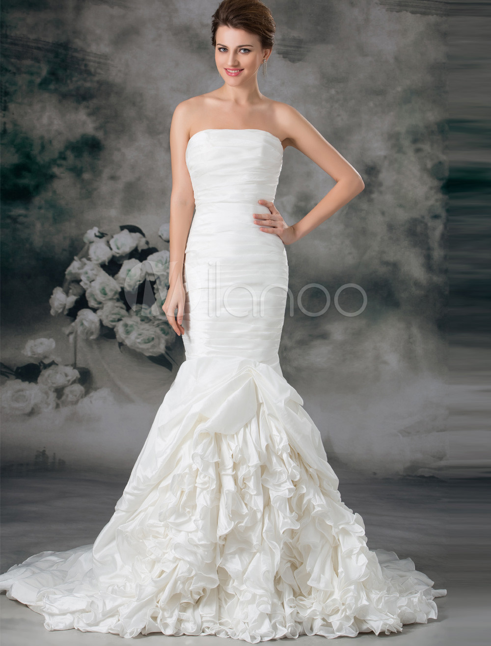 Ivory Mermaid Strapless Tiered Taffeta Bridal Wedding Gown - Milanoo.com