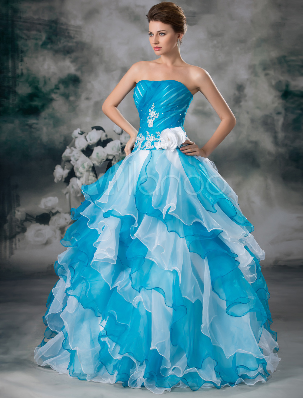 Classic Blue Flower Organza Strapless Ball Gown - Milanoo.com