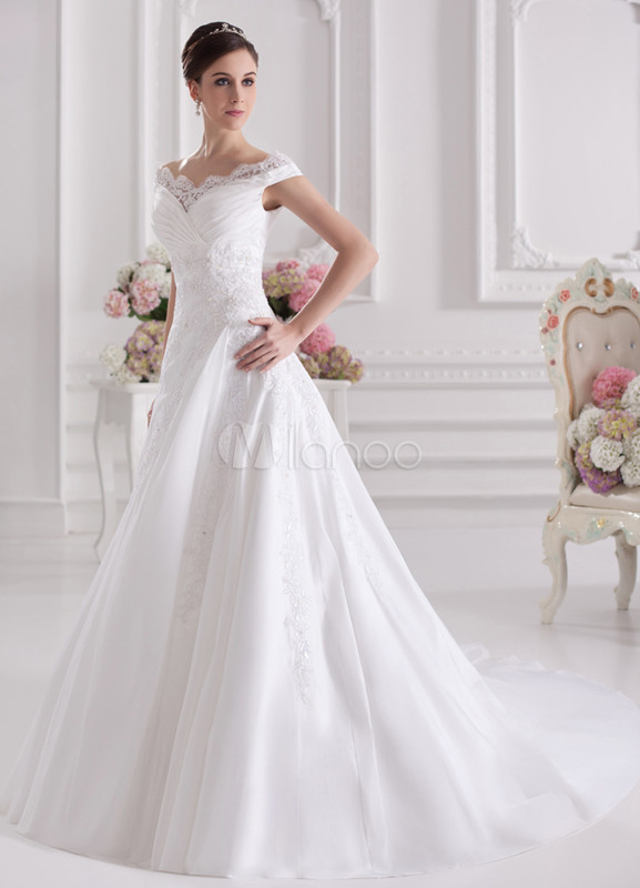 White A-line Embroidered Taffeta Bride's Wedding Dress - Milanoo.com