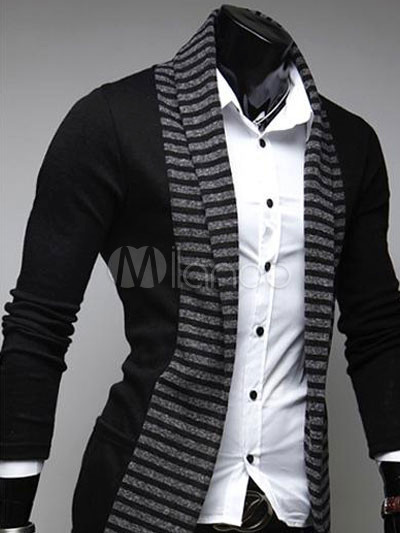Black Stripes Print Cotton Men's Cardigan - Milanoo.com