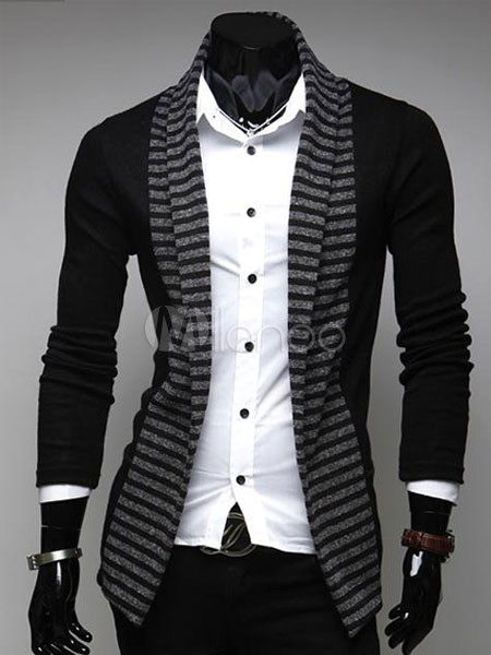 Black Stripes Print Cotton Men's Cardigan - Milanoo.com