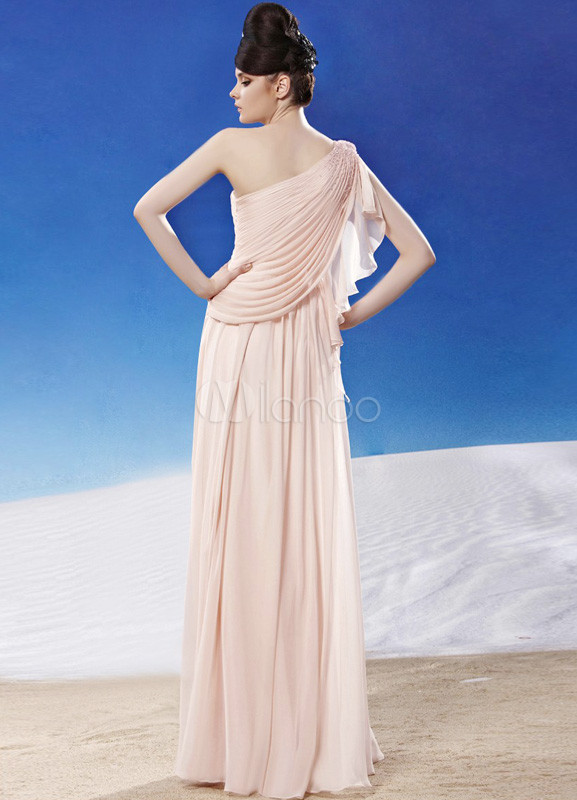 Pretty Nude A Line One Shoulder Pleated Chiffon Prom Dress 8051