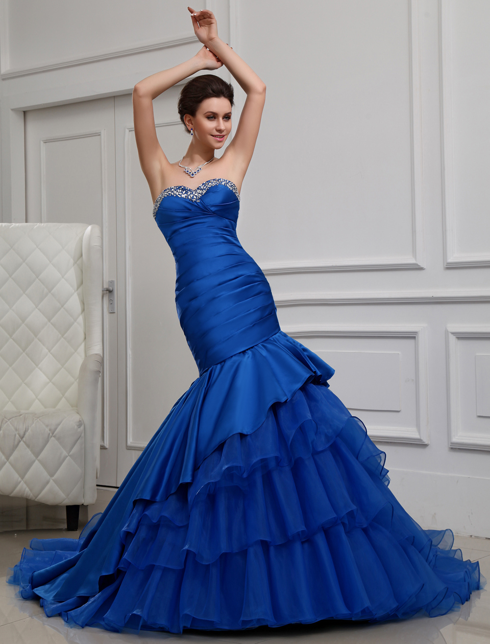 Blue Evening Dress Mermaid Strapless Tiered Rhinestone Satin Dress Milanoo - Milanoo.com