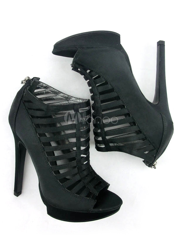 Chic Black Open Toe Satin Stiletto Heel Fashion Gladiator Sandals ...