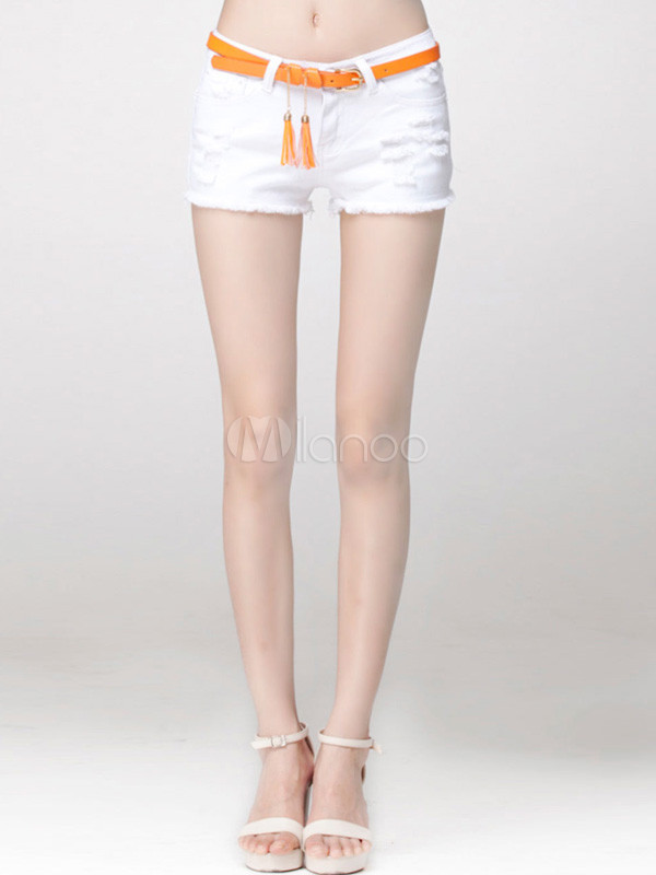 White Sexy Distressed Ruched Denim Women's Shorts