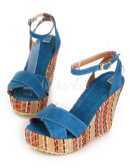 Retro Color Block Open Toe Ankle Strap Women's Wedge Shoes - Milanoo.com