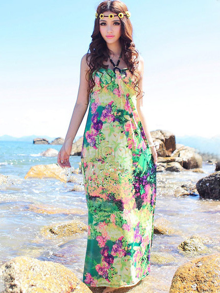 Bohemian Style Multi Color Floral Print Spandex Strapless Maxi Dress ...