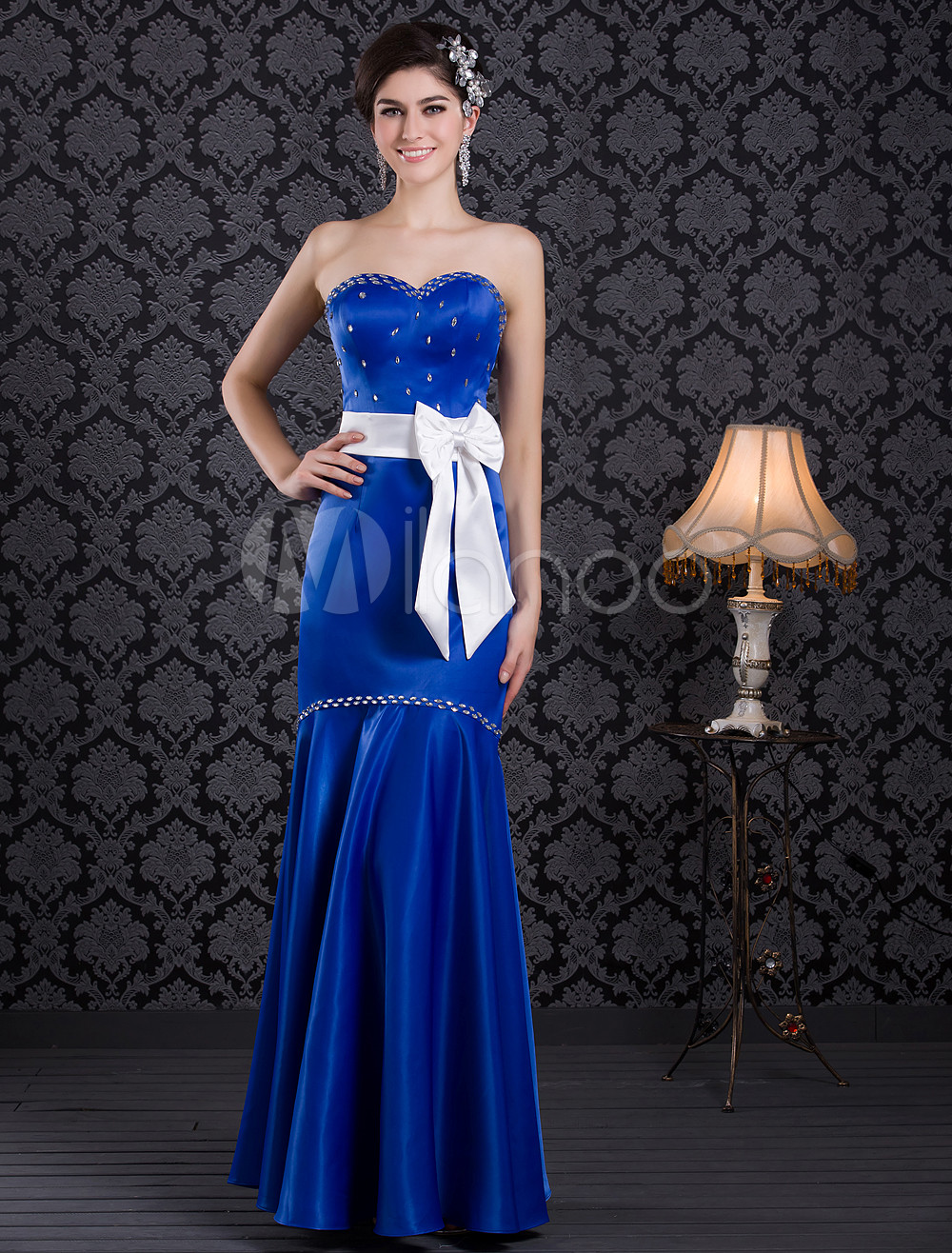 Royal Blue Empire Waist Rhinestone Strapless Evening Dress