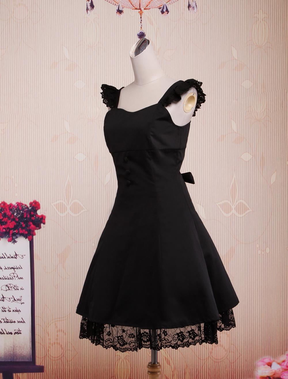 Lolitashow Vestido negro de lolita con tirantes de estilo clásico 