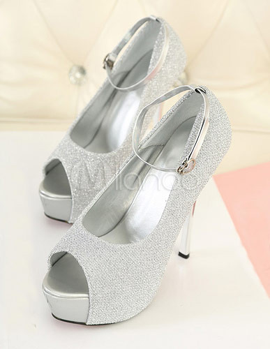 Charming Silver Open Toe Stiletto Heel Sequined Cloth Women's High ...
